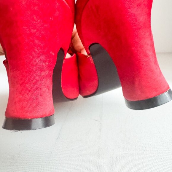 Vintage Intimate Details Red Satin Fur Pom Pom Bedroom Slippers Kitten Heel 8 - Picture 6 of 7